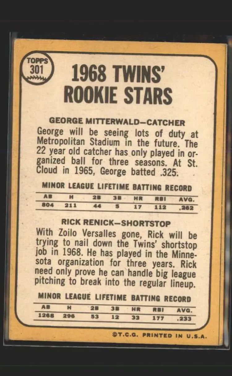 Twins 1968 Rookie Stars (Mitterwald / Renick) 1968 Topps #301 - (140) - Minnesota Twins