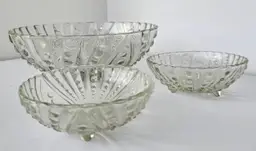 Vintage 3 Footed Berwick "Burple" Clear Glass Fruit Bowl w/ 2 Small Bowls