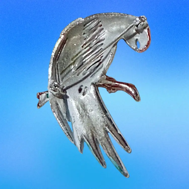 Vintage Enamel Macau Bird on Branch Silvertone Brooch **UV Reactive** (KK)