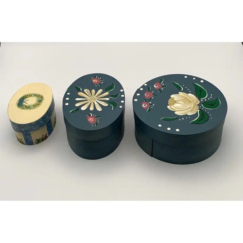 3 Hand Painted Small Wood Boxes. Shaker Style. Smallest one is signed Cristi W 2002