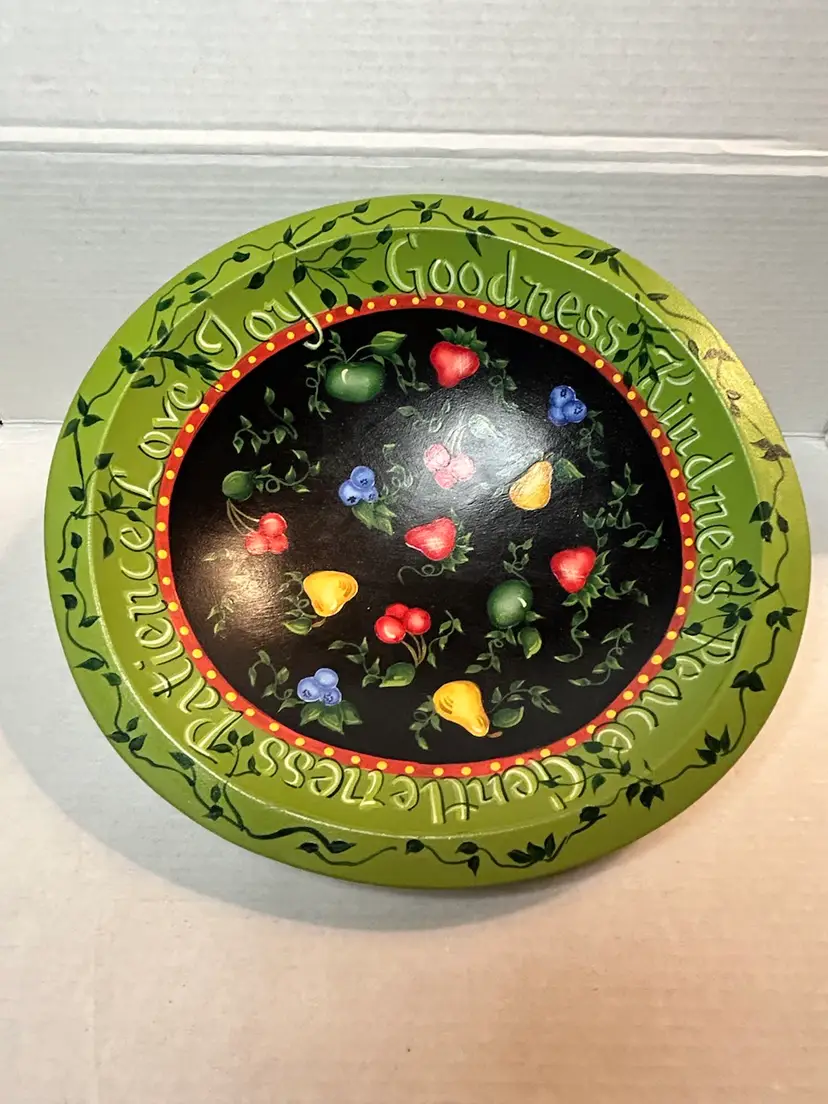 Wooden Lacquered Bowl Fruit Design W/ Inspirational Sayings Signed & Dated 2008
