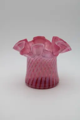 Vintage Fenton Glass Cranberry & White Spiral Optic, Crimped Ruffle Vase