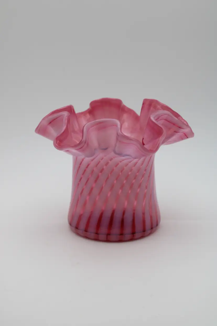 Vintage Fenton Glass Cranberry & White Spiral Optic, Crimped Ruffle Vase
