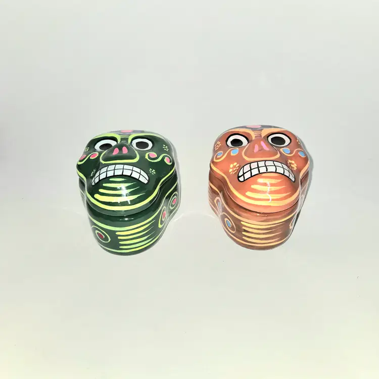 Talavera Dios de los Muertos Halloween Skull Trinket Boxes Redware Handpainted Mexico Pair GLOWS