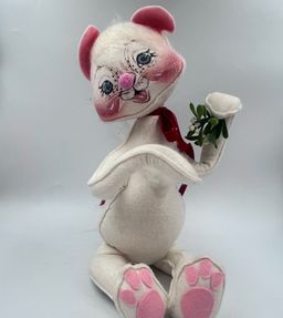 Vintage Large Annalee White Plush Cat With Mistletoe - 1981 Felt Doll