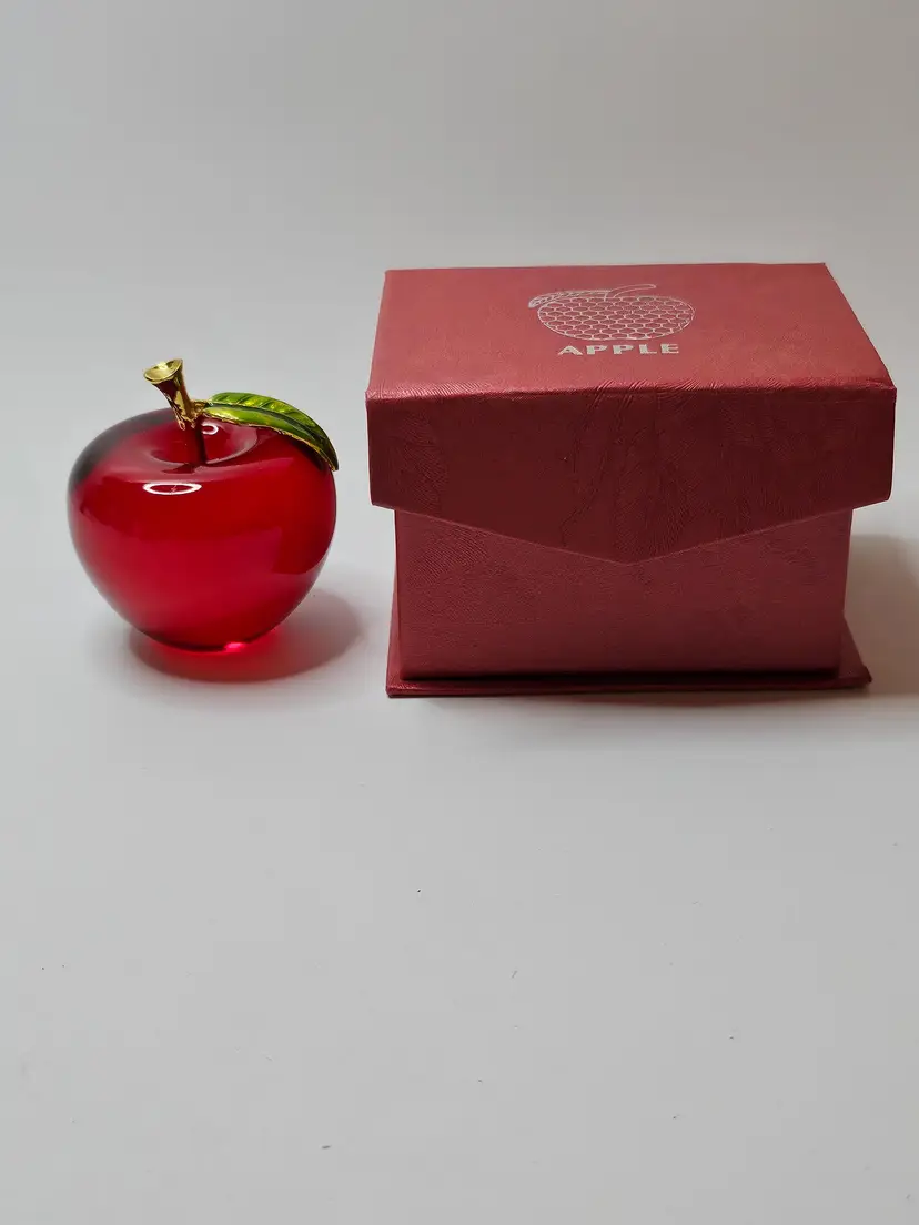 Red Crystal Apple Paperweight Goldtone Stem Enamel Green Leaf Original Box