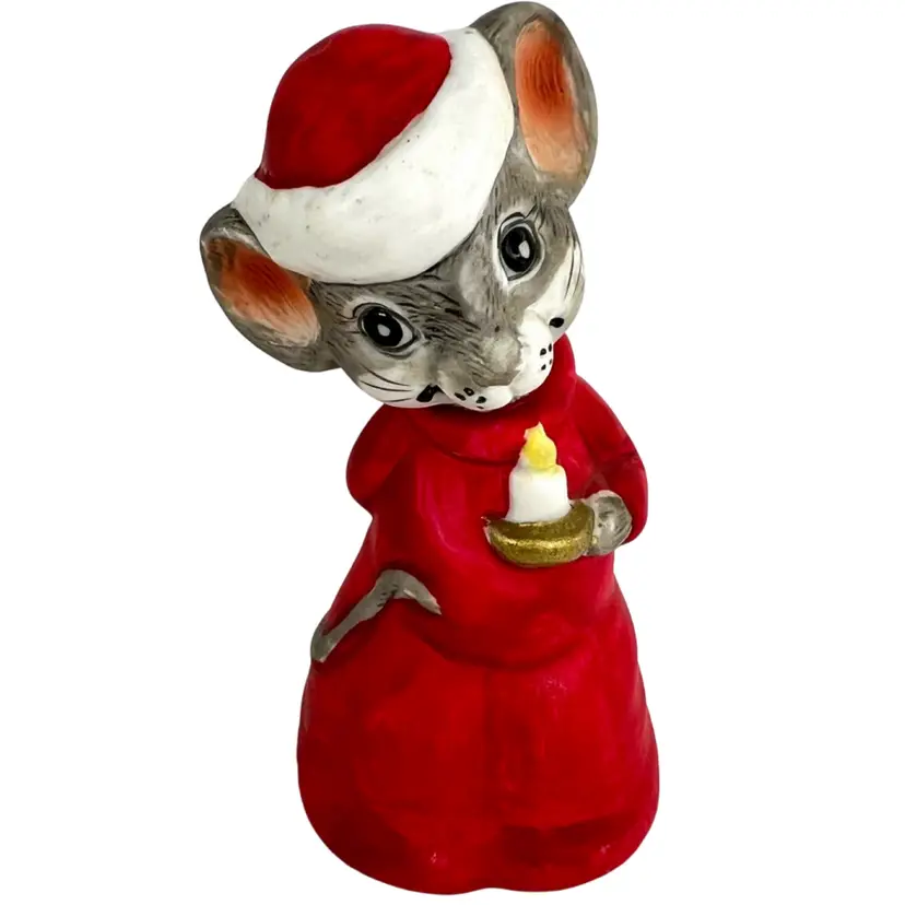 Jasco Vintage Mouse Critter Christmas Bell. Holding A Candle, Wearing Red Santa Dress & Hat, And Hiding Present 🎁 Behind Back. Bisque Porcelain. Stamped “ Jasco Taiwan”.