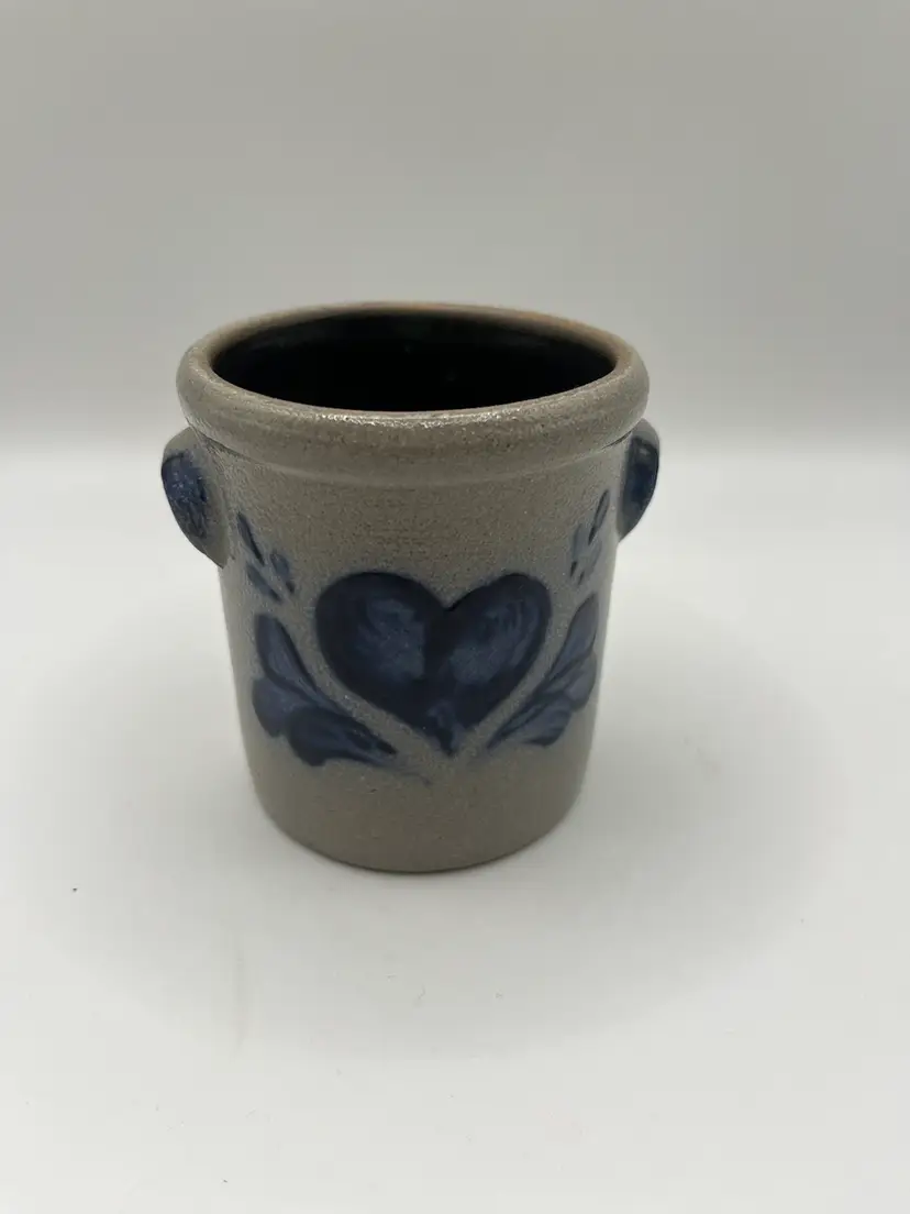 Vintage Rowe Pottery Works Crock 1993 Jar Glazed Blue Heart