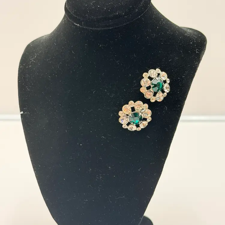 Clear And Green Rhinestones Pair Of Small Circle Vintage Scatter Pins