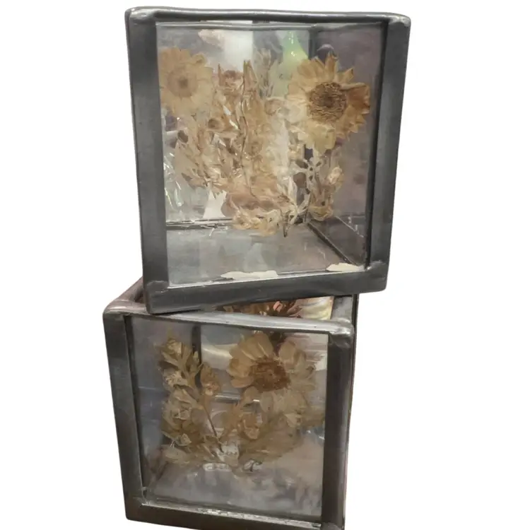 Set Of Two Vintage Stained Glass And Dried Flower Votive Holders 3.25” Tall