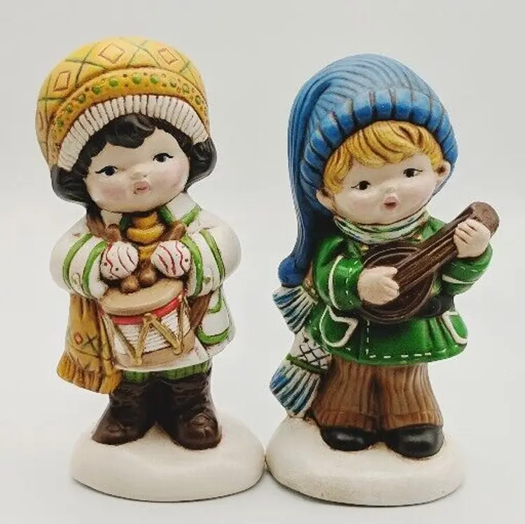 Vtg Ceramic Molds Christmas Carolers Drums Ukulele Hand Painted '78 Boy & Girl