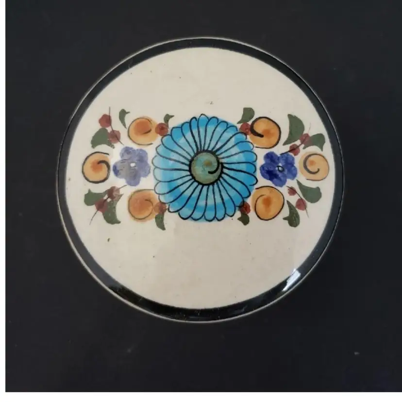 Mexico Tonala Hand Painted Flowers Round Pottery Trinket Box Dish W/ Lid 