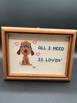 #25 “All I Need Is Loving” Derpy Dog Crossstitch Artwork 8” ❤️