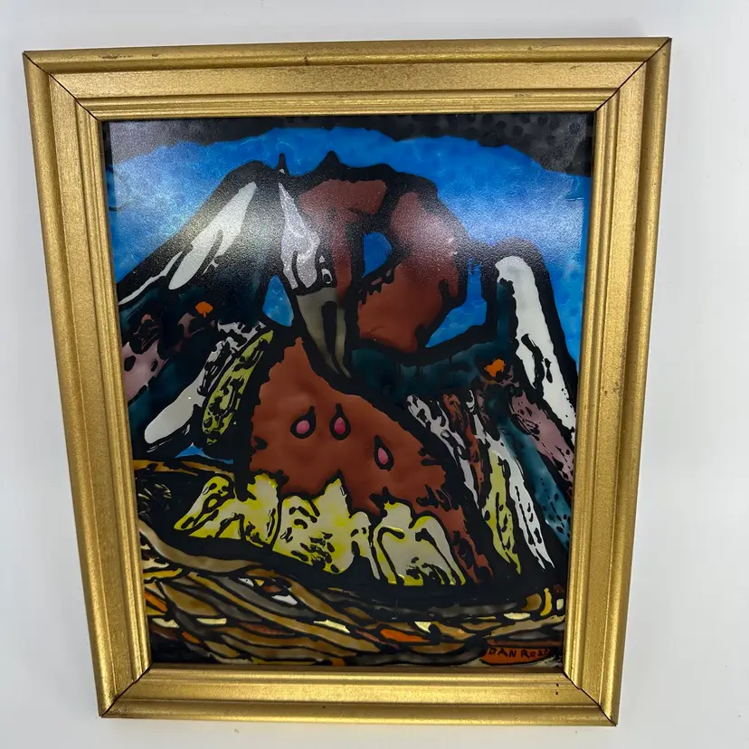 Vintage Art Glass Reverse Painting Bird Family In Nest Framed Signed DANROSS