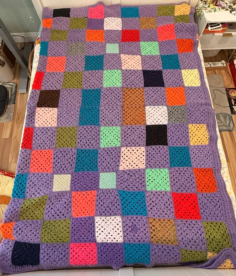 Vintage Crocheted Afghan Blanket - Colorful Squares