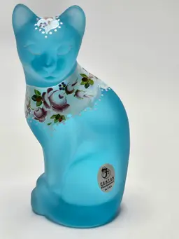 Fenton Art Glass "Fenton Favorites" Blue Satin Glass Cat Figurine Hand-Painted