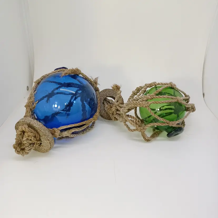 Vintage Japanese hand blown glass fishing Buoys floats  4 in blue and 2 1/2 in green hand blown glass
