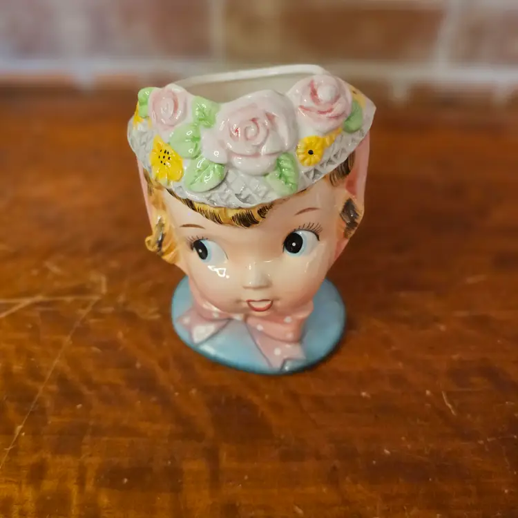 Lefton Miss Cutie Pie Pink Head Vase Planter Flower Japan
