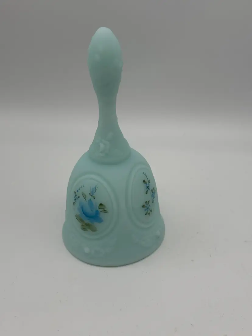 Fenton Blue Custard Art Glass Bell Hand Painted & Signed