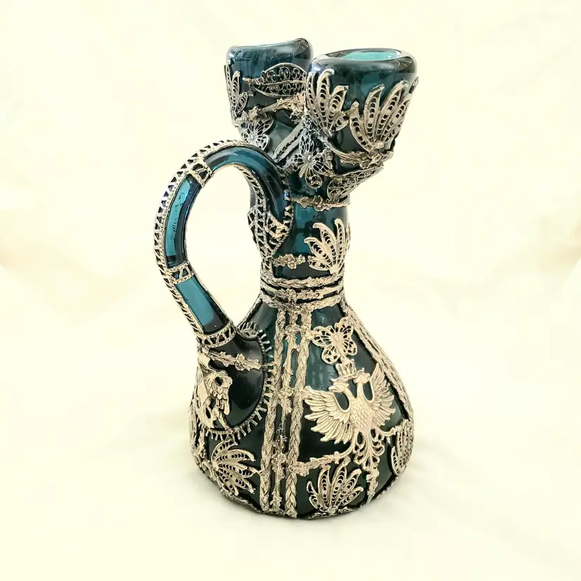 Art Glass Candlestick with Metal Overlay - Cobalt Blue Hand Blown Glass 7⅝" Tall Approximately Vintage