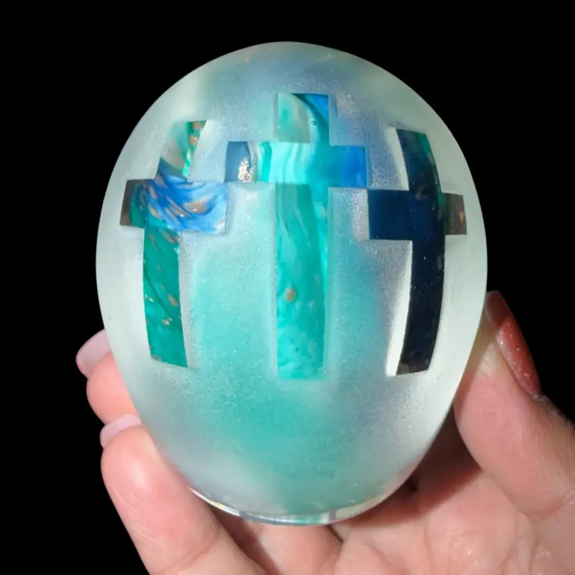 “Crosses” Cut Frosted and Clear Art Glass Handblown Paperweight Eleanor W. VA by Glass Dimensions