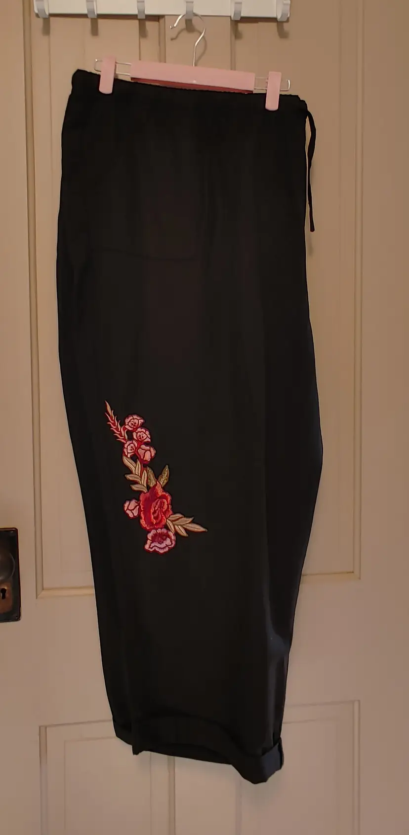 Bottoms- Brand: Chelsea Studio. Size 4X. Black pants with embroidery. 55% cotton, 45% Tencel. No callouts.