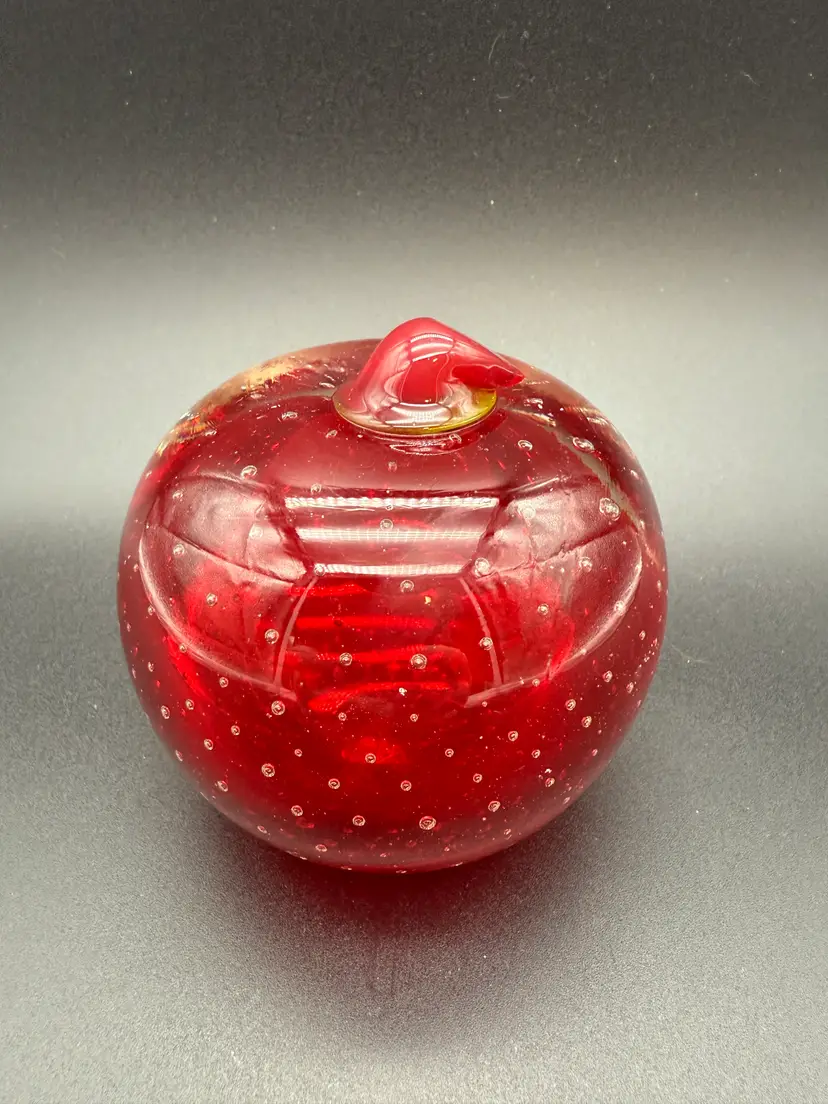 Red Apple Paperweight with Controlled Bubbles - Rough on bottom