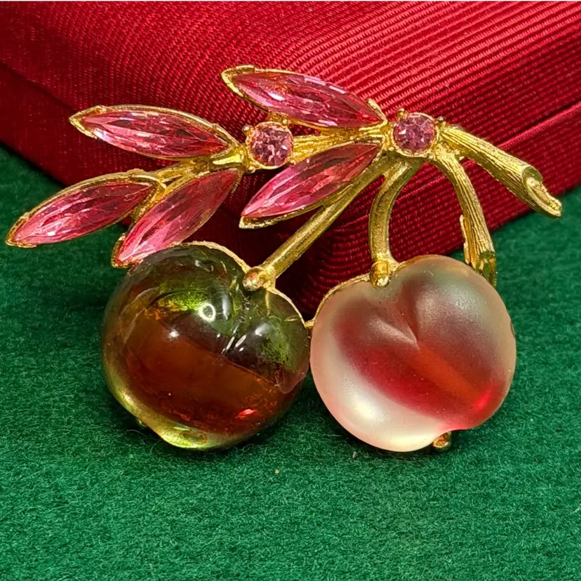 Vintage Molded Cherry Brooch Pin Givre Glass Two Tone Satin Pink Green Unmarked