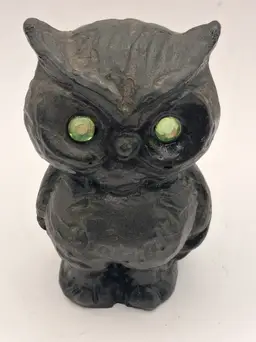 Handcrafted Carving of Owl from Coal with Green Jeweled Eyes