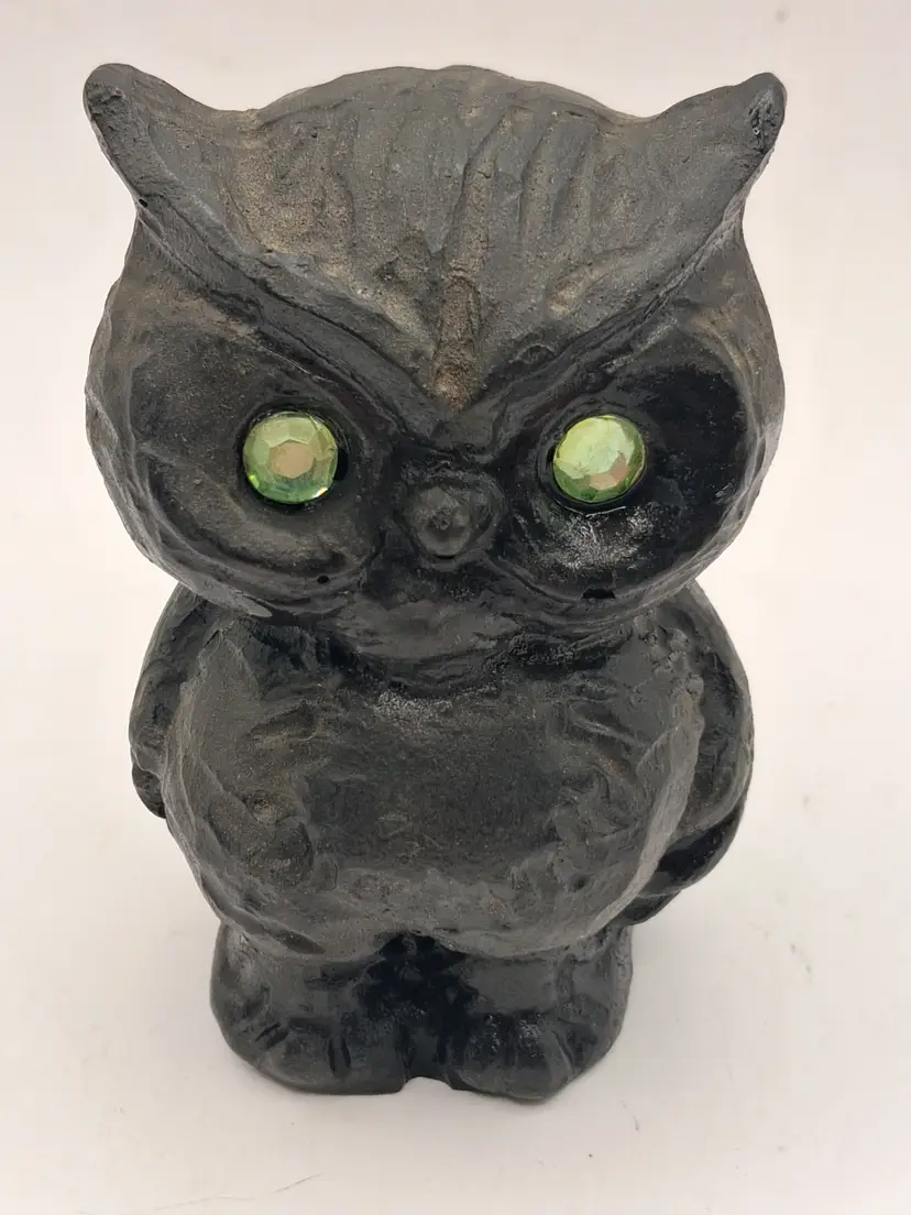 Handcrafted Carving of Owl from Coal with Green Jeweled Eyes