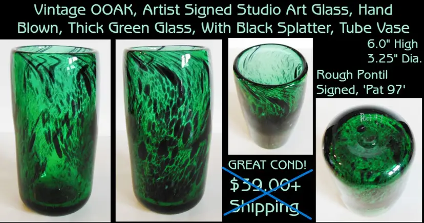 Vintage OOAK Studio Art Glass, Artist Signed Tube Vase or Large Tumbler