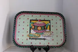 Vintage Mary Engelbreit Christmas Holiday Metal Serving Tray Teapot Cookies 1999