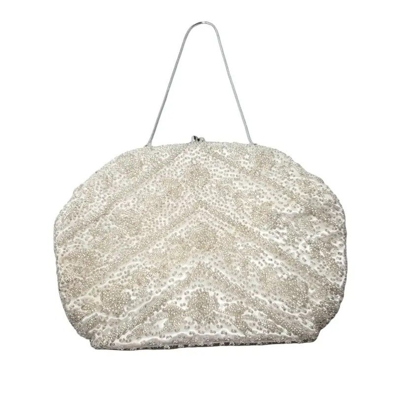 Vintage Off White Beaded Evening Formal Purse Bag Beige Metal Clasp Closure READ