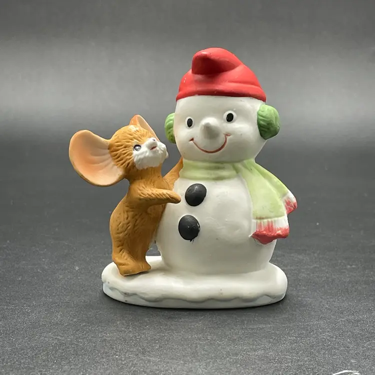 Homco Ceramic #8905 Mouse and Snowman Winter Holiday Christmas Figurine VTG