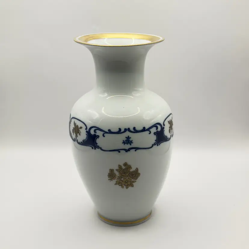 Elegant Vintage Eckt Kobalt Porcelain Vase with Gold and Blue Floral Design, Classic Home Decor, Artist Signed By E W, By Reichenbach, Made in German Democratic Republic
