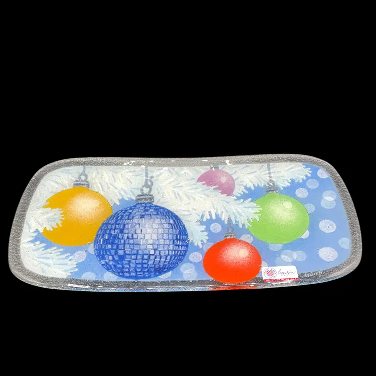 2008 Peggy Karr Glass 14" Oblong Plate Christmas Multicolor Ornaments Signed