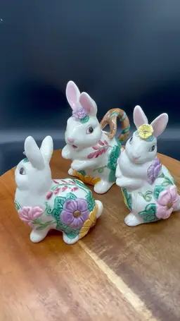 Vintage Fitz & Floyd Porcelain Creamer and Salt/Pepper Shaker Bunny Set, 1995, Easter or Spring Decor, Anthropomorphic