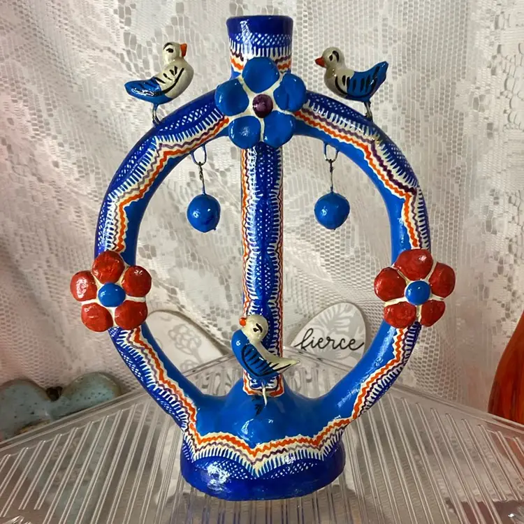 Vintage Mexican Folk Art Pottery Tree Of Life Candleholder Birds Flowers