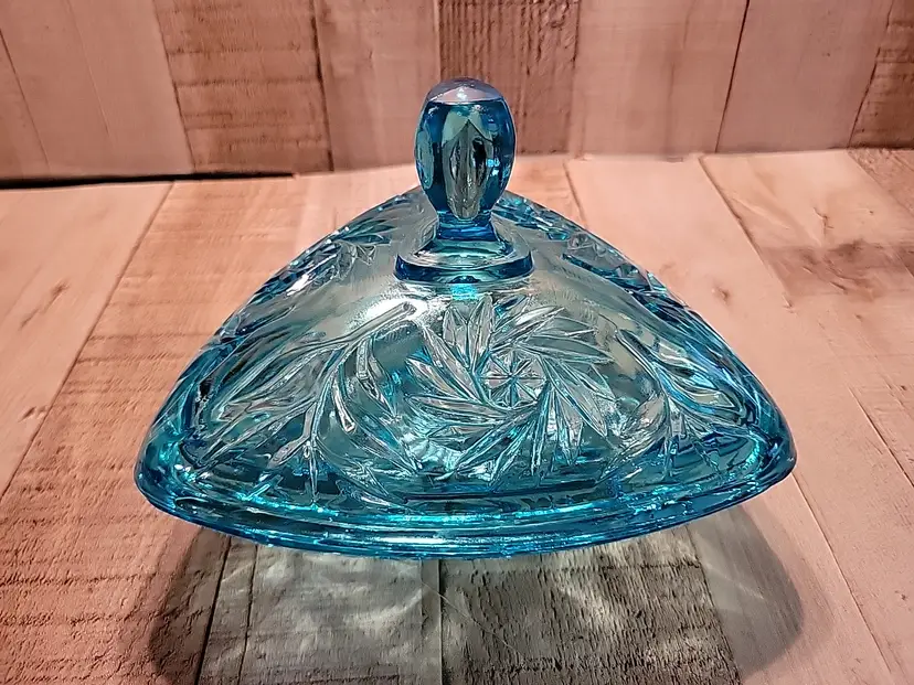 Vintage Mid-Century Hazel Atlas Aqua Blue Glass Pinwheel Triangle Dish Lid MCM
