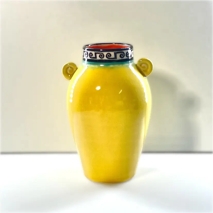Pottery Vase Applied Scroll Handles Yellow Glaze Ceramic Black & White Greek Key Pattern Blue Band On Neck