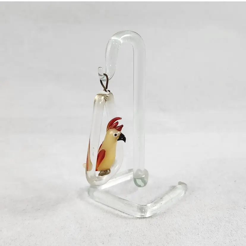 Lampwork Art Glass Bird Cockatoo Parrot on Perch Miniature Figurine