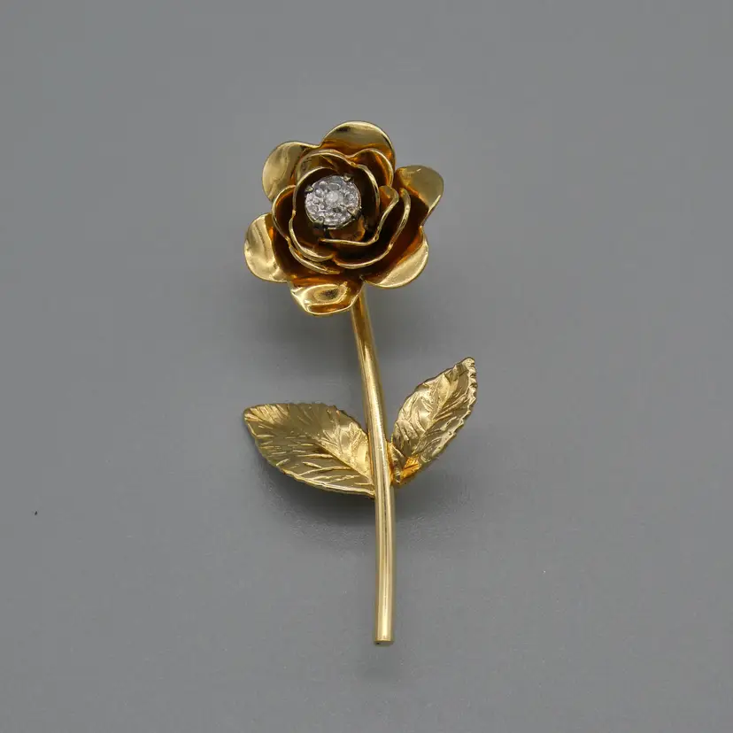 Vintage 3D Long Stem Rose Brooch Flower Pin Diamond Accent 12k Gold Filled Danecraft 1.5"