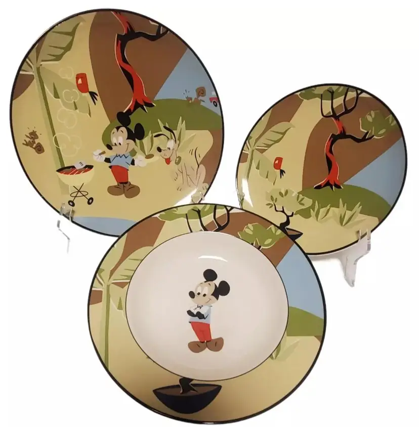 Disney Direct Abstract Design Mickey Dinner Plate Salad Plate Rim Bowl 3pc Set