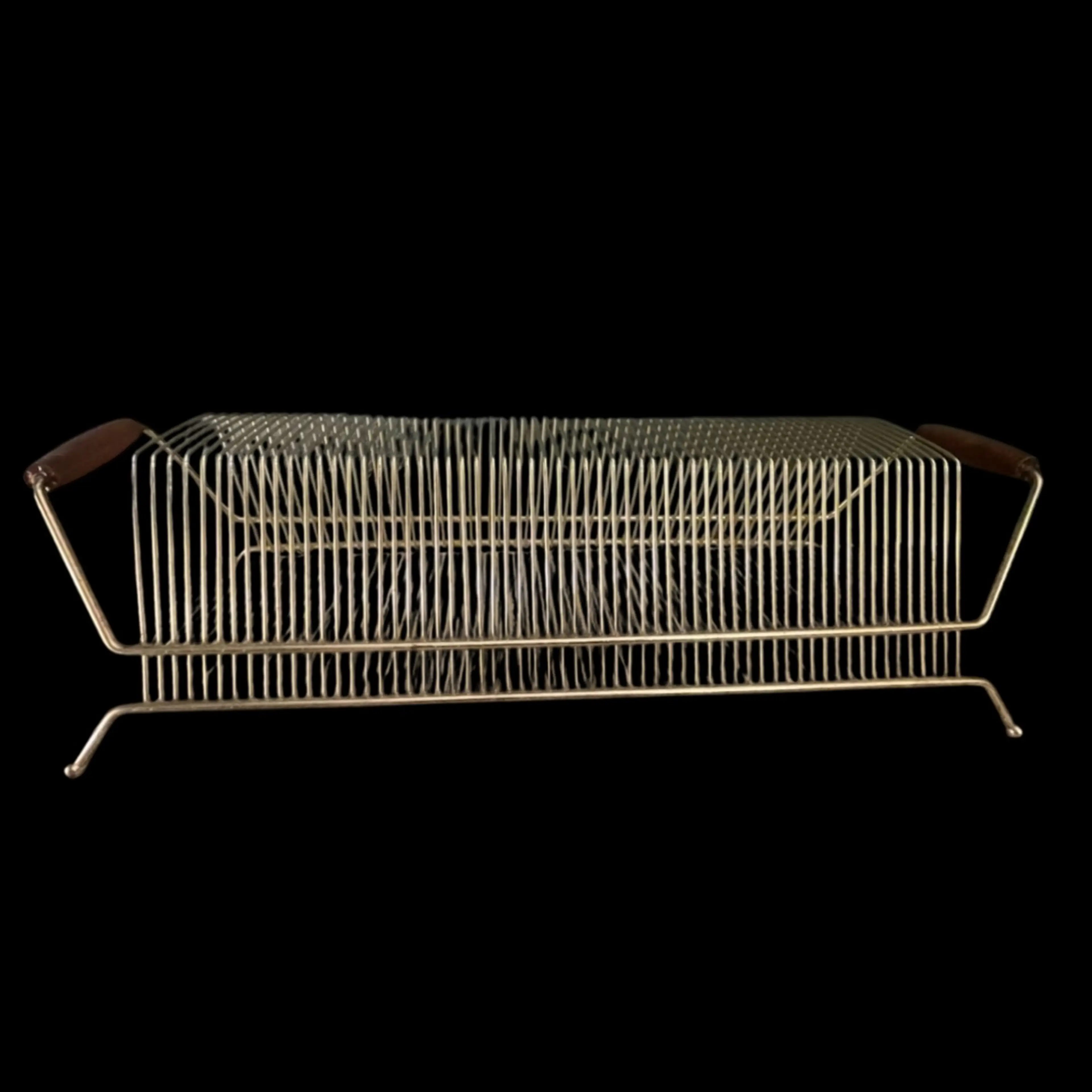 #01 VTG MCM Vinyl Record Album Holder  Gold Tone Metal w/Wooden Handles