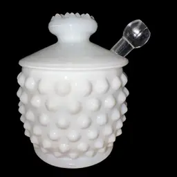 Fenton MilkGlass Hobnail Jam/Jelly Jar With Glass Scoop 3”