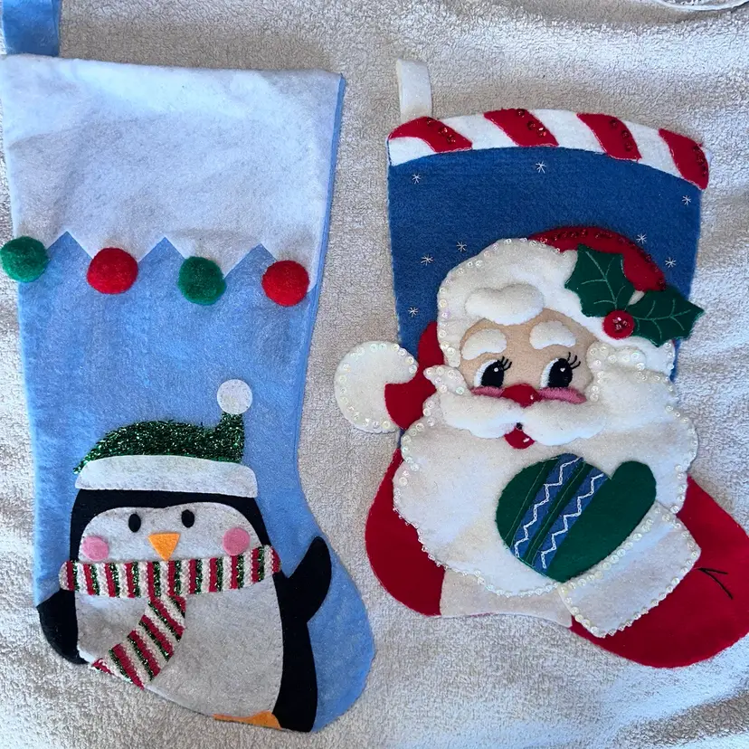 Vintage Hand Crafted Stockings Santa Face Bucilla Gallery Kit & Penguin Bundle