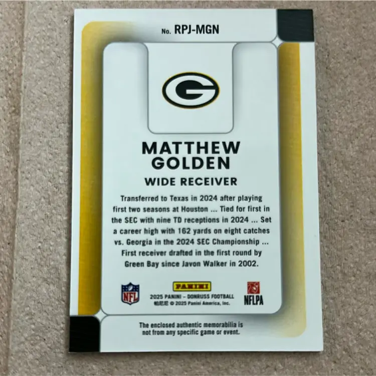 2025 Panini Donruss Matthew Golden Rookie Phenom Jersey card No. RPJ MGH