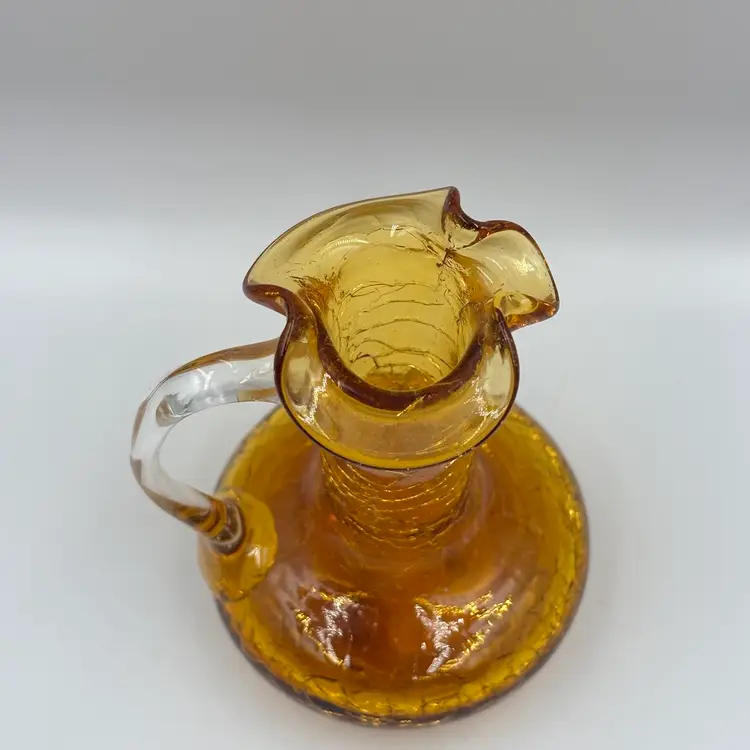 Vintage Small Amber Crackle Glass Pitcher Ewer 4.25”