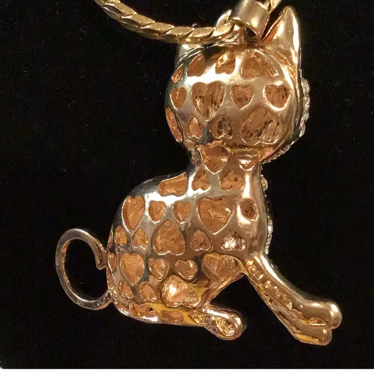 Sparkly Rhinestone Cat Pendant on Chain marked Korea