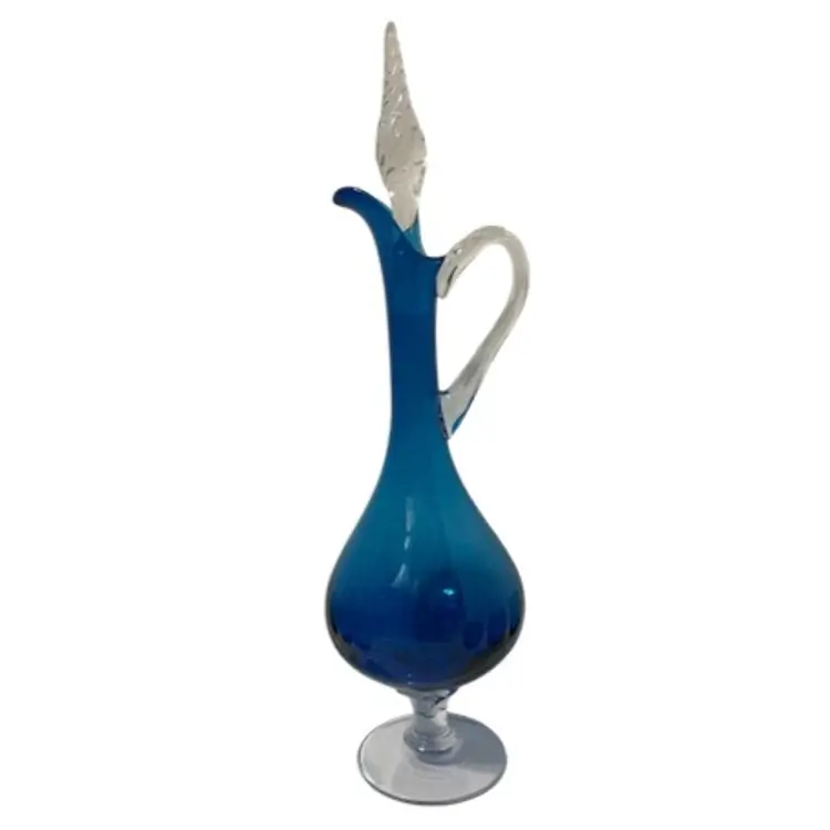 Incredible MCM Empoli Glass Blue 16” Decanter Ewer w Twist Stopper & 6 Cordials